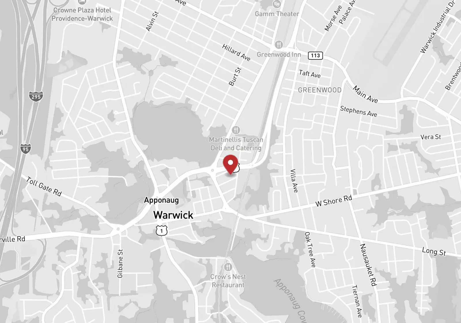 Map showing Apex Medical Transportation at 15 Kent Ave in the Apponaug area of Warwick, Rhode Island
